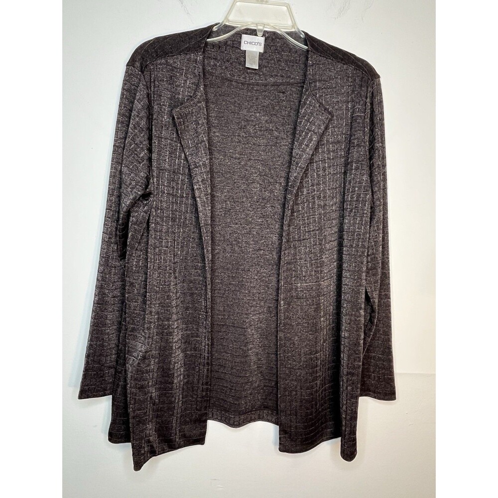 Chicos Brown Window Pane Light Knit Cardigan Jacket sweater Traveler Wms 1 M 6 8